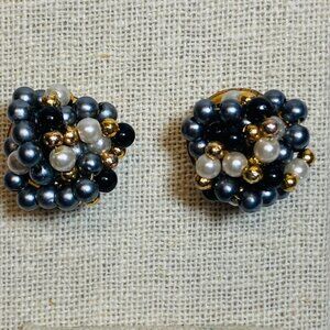 Vintage Estate Sale Faux Pearl Beaded Pierced Earrings Black Gray Gold as is